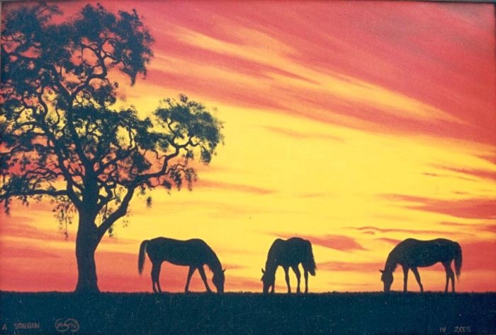 Zachód słońca, konie